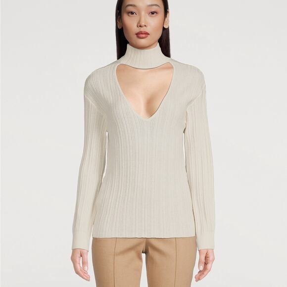 Naadam NWT Cashmere Blend Ribbed Open Back Turtleneck Sweater Ivory Size Medium - Picture 1 of 11